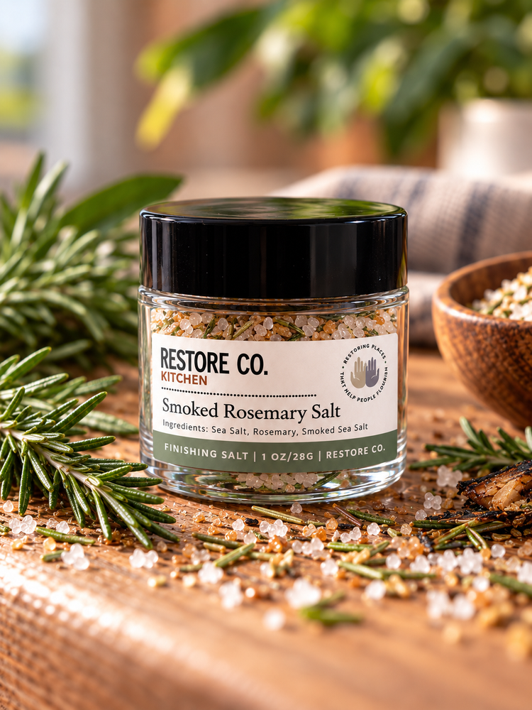 Three small glass jars of seasoning blends labeled Vanilla Bean, Salted Caramel, and Lemon Lavender, arranged on a wooden surface with spices, lemons, and flowers in a warm kitchen-like setting.